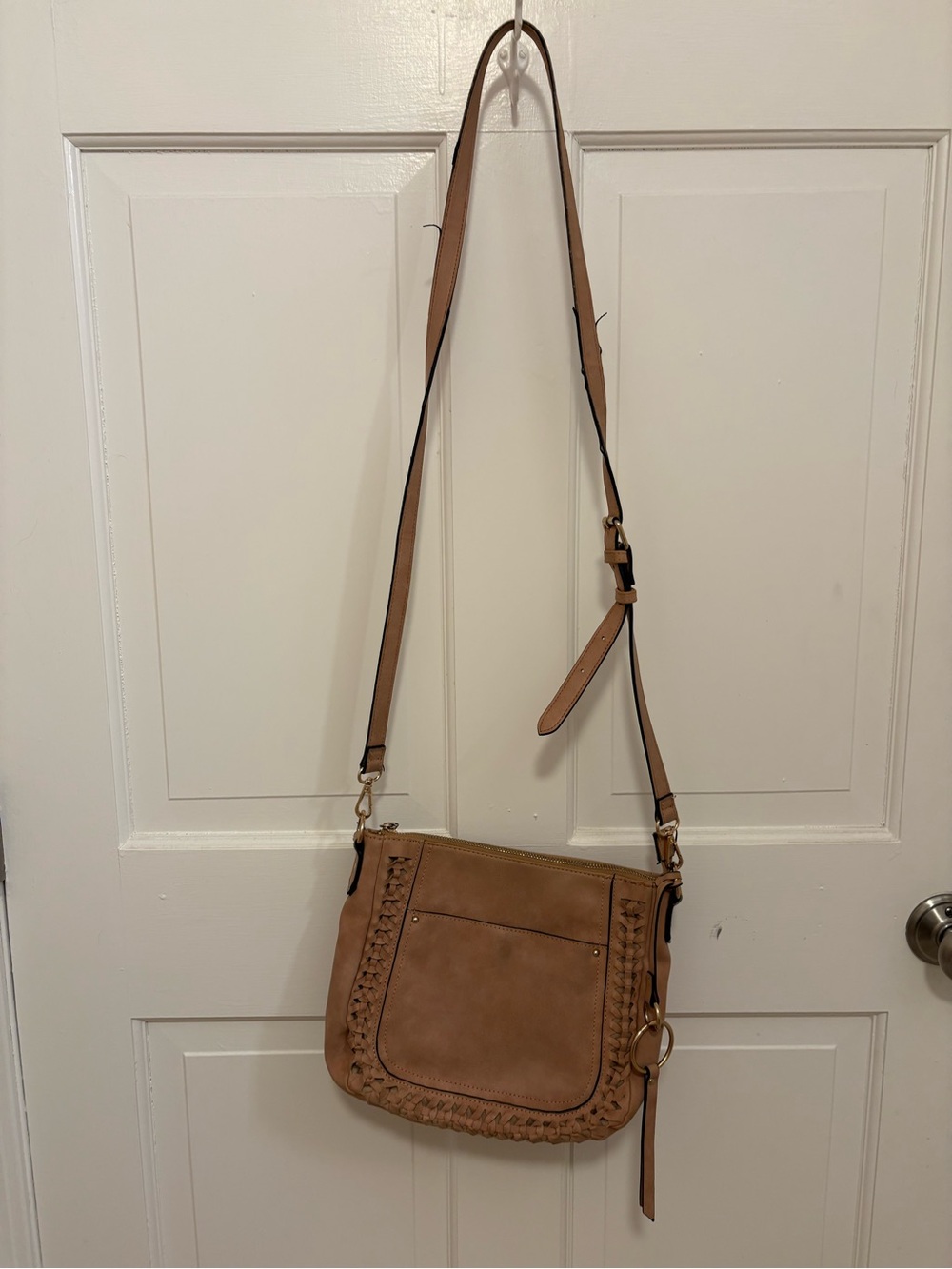 Tan Crossbody Shoulder Bag with Woven Trim